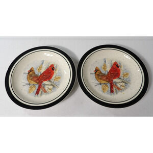 Folk Craft Scotty Z Cardinal Dinner Plates Stoneware 11" Vintage Set of 2
